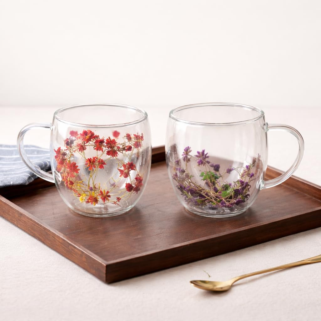 Dried Flower Double Wall Glass Coffee Mug Set of 2 | 350ml