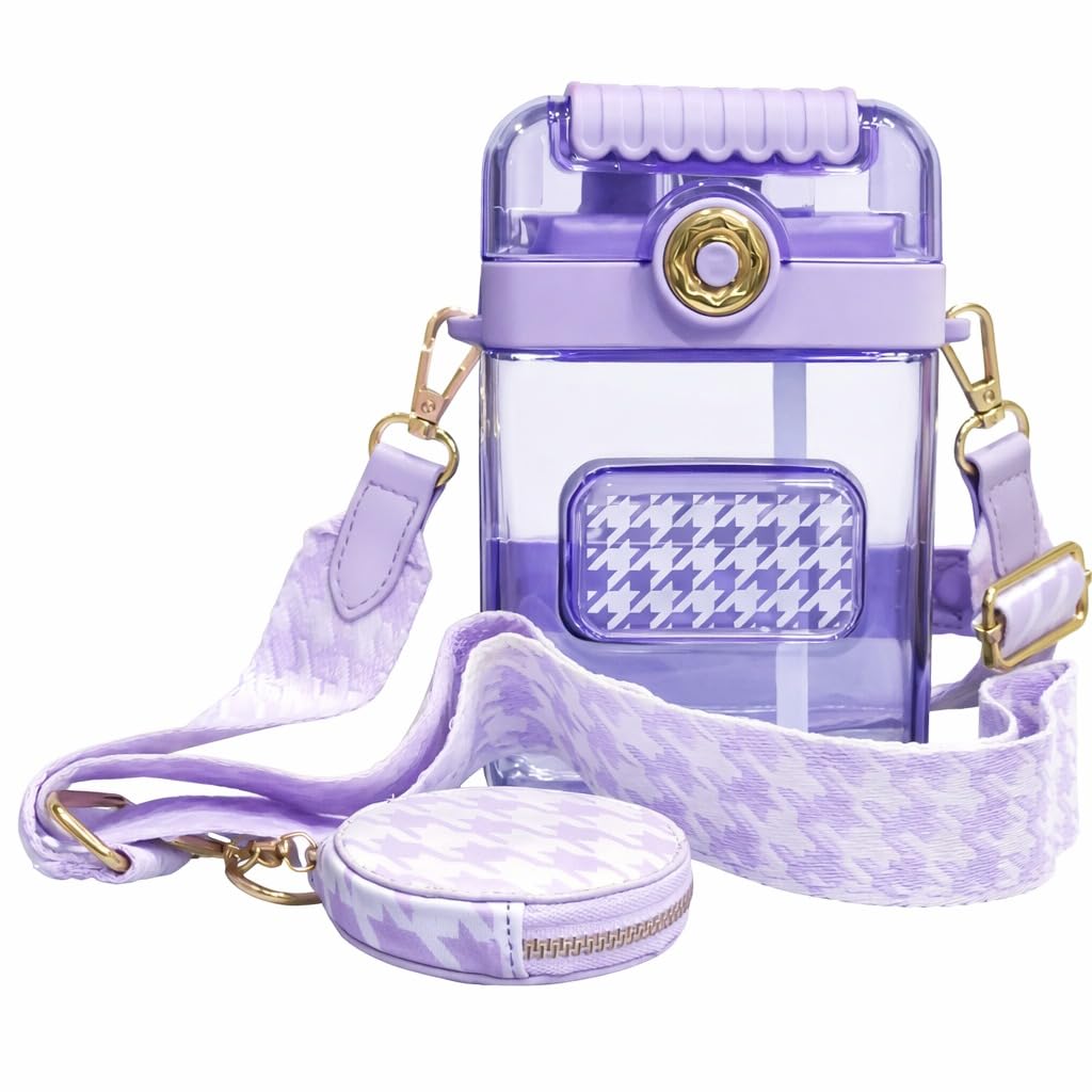 Transparent Glass Sipper Bottles with Straw – Leakproof Flip Lid Drinking Cup, Reusable Glass Water Bottle for Juice, Coffee & Cold Beverages, Portable Travel Sipper (Purple)