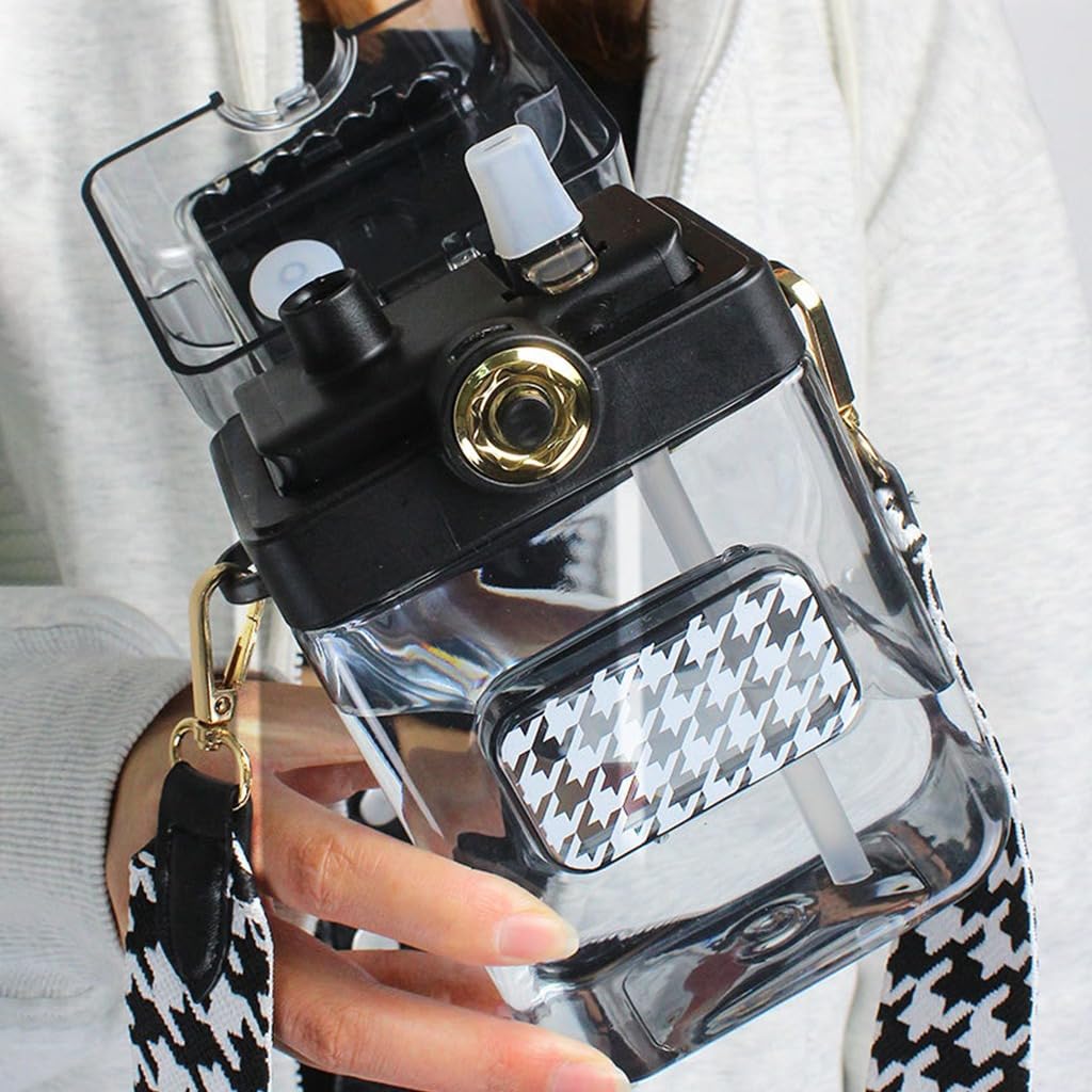 Transparent Plastic Sipper Bottle with Straw – Leakproof Flip Lid Drinking Cup, Reusable Glass Water Bottle for Juice, Coffee & Cold Beverages, Portable Travel Sipper