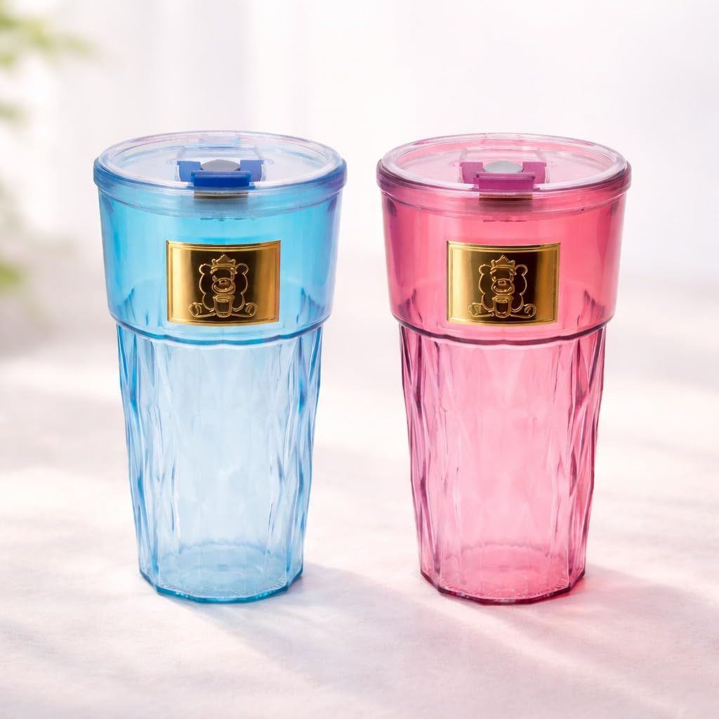 Glass Sipper Set of 2 with Lid and Straw (400ml Each) | Crystal-Cut Design Reusable Drinking Sipper, Leakproof Textured Tumbler Juice & Coffee Tumblers for Home, Office & Travel