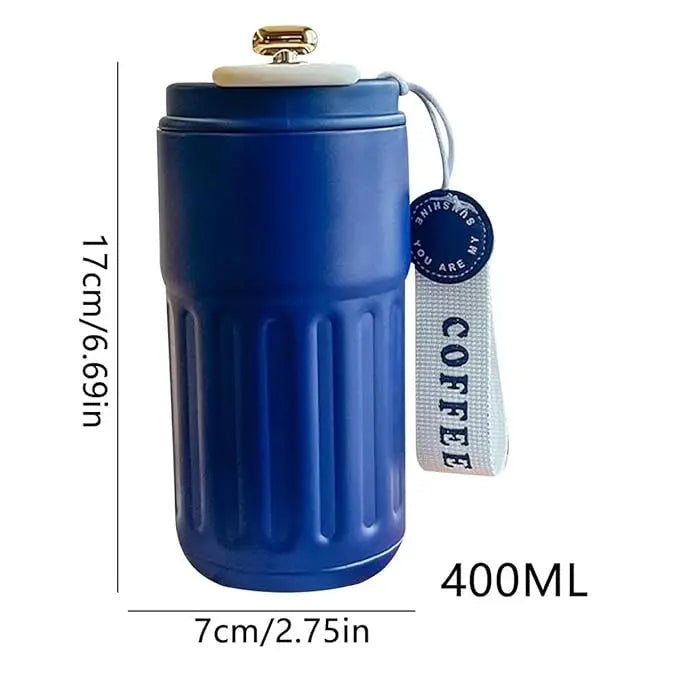 Blue coffee tumbler with measurements and a tag on a white background
