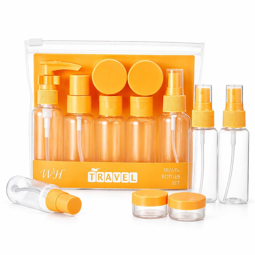 Travel Bottles for Toiletries with Pouch (7 Pcs) | Refillable Toiletry Containers for Shampoo, Lotion, Creams, Perfume & Cosmetics | Portable Travel Kit (Orange)