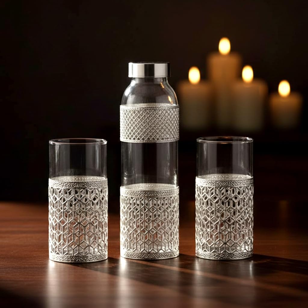 Premium German Silver Glass Bottle Set with 1 Litre Bottle & 2 Glasses (300ml Each) - Comes with Green Velvet Gift Box