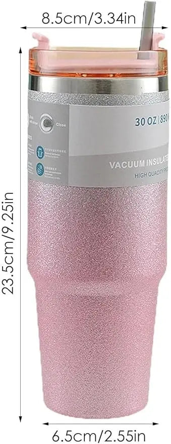 Pink glittery tumbler with measurements on a white background
