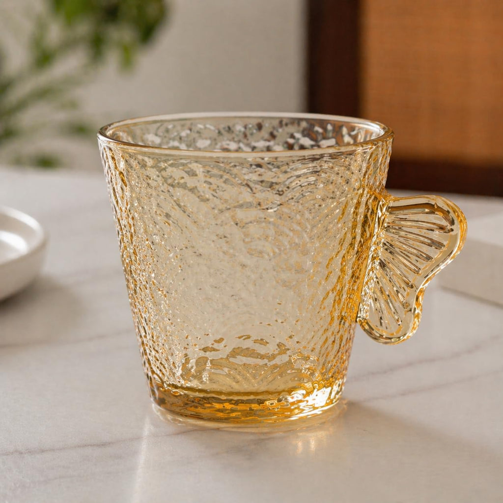 DailyAlley Butterfly Handle Glass Mugs (Set of 6) | Elegant Amber Textured Cups for Coffee & Tea | Whimsical Wing Handle Mugs (120ml)