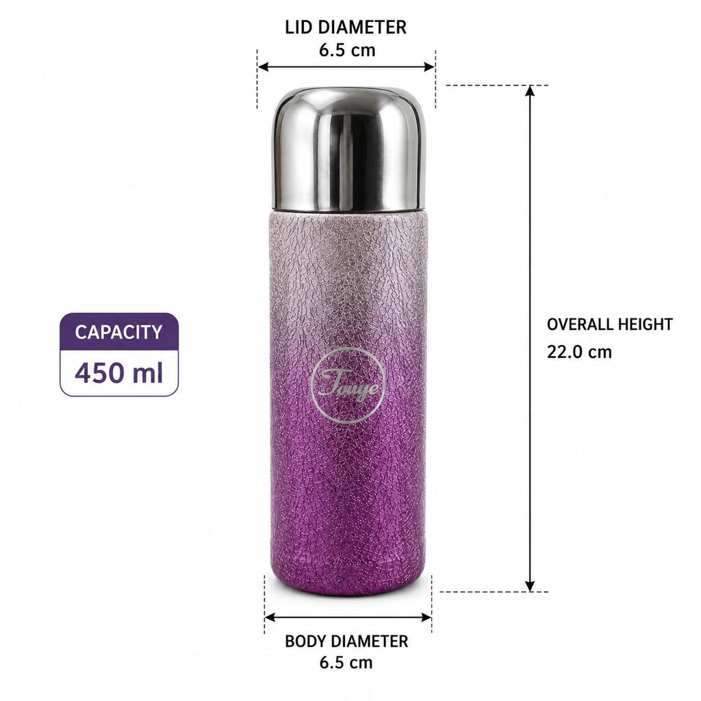Stainless Steel Water Bottle Crystal Thermos Flask Titanium Coating, Purple, 450 ml Textured Exterior, Metallic Protective Cap, Integrated Drinking Lid