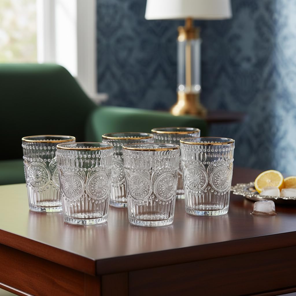 Set of 6 Crystal Bar Glasses – 300ml Vintage Embossed Luxury Drinkware with Gold Rim for Whiskey, Cocktails & Parties