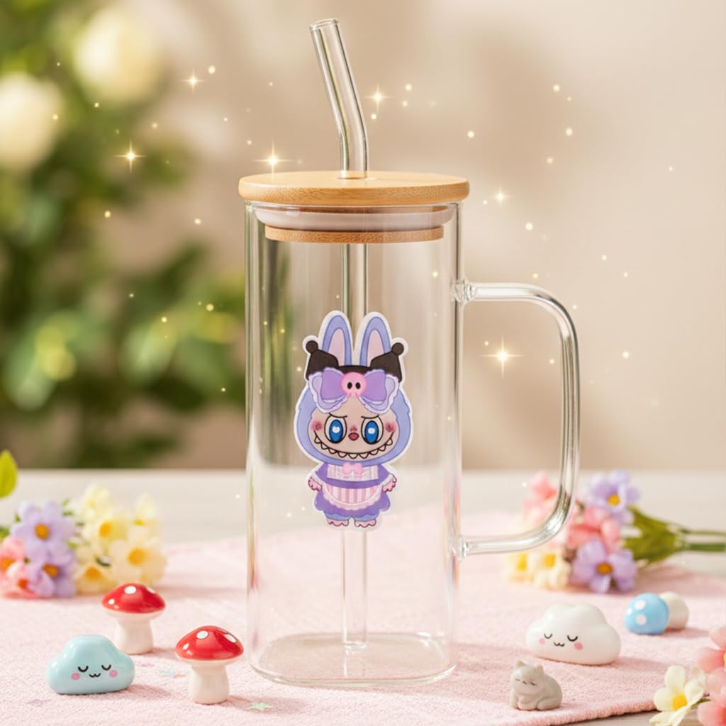 Cute Glass Sipper Tumbler with Handle, Bamboo Lid & Bent Glass Straw | Borosilicate Drinking Mug for Coffee, Milk, Juice & Water (Purple)