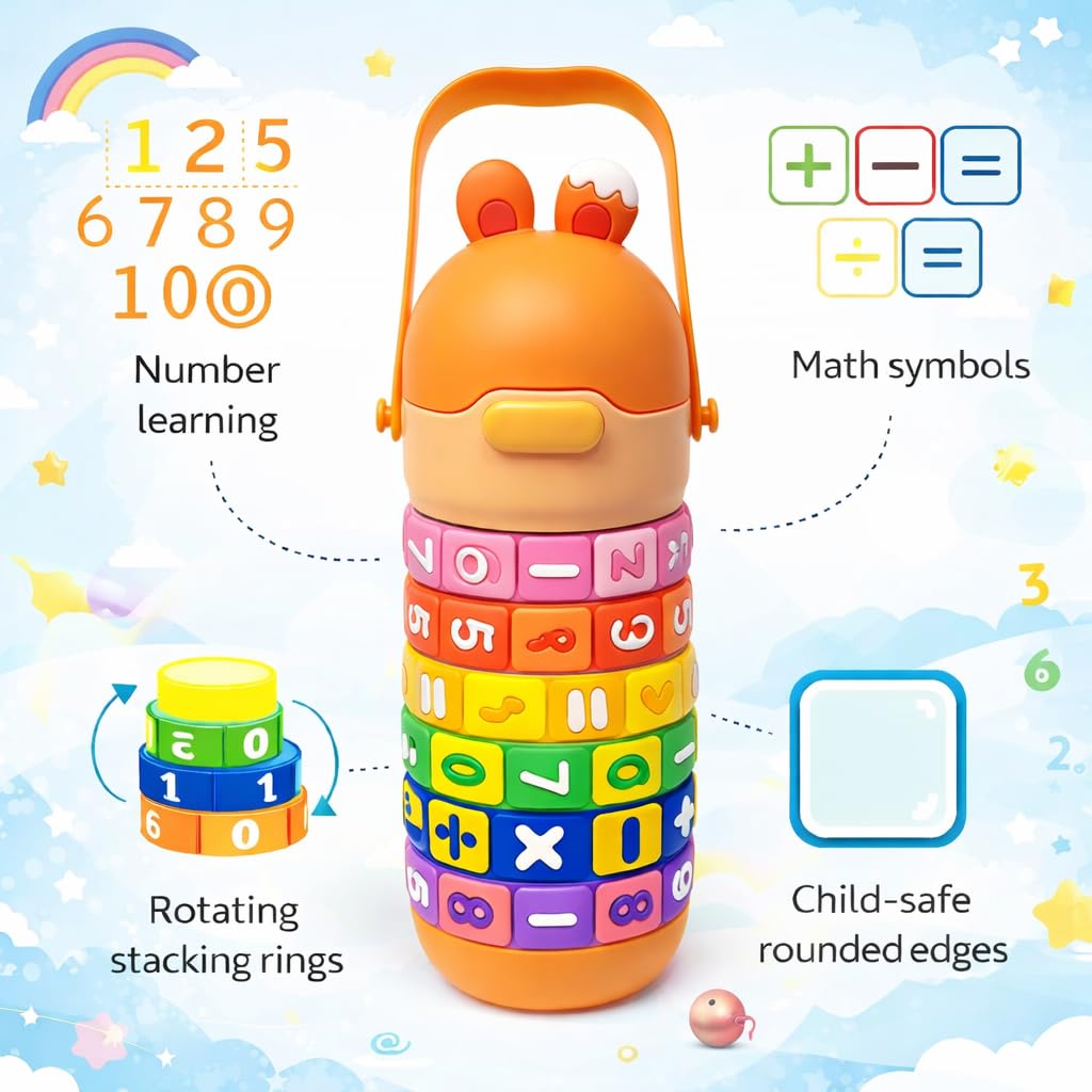 Math Learning Puzzle Water Bottle for School Kids 500ml – Stainless Steel Sipper with Straw & Adjustable Strap – Fun Educational Number Puzzle Drinking Bottle for Boys & Girls (Orange)