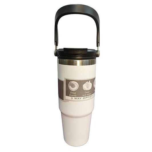 White travel mug with black handle and label on a white background
