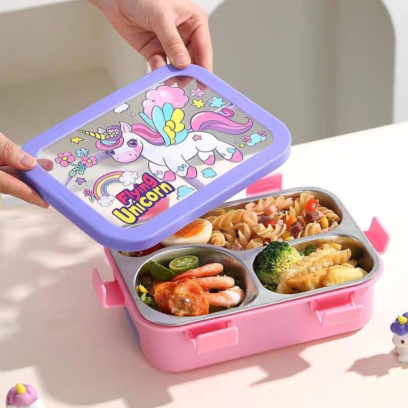 3 Compartment Stainless Steel Lunch Box for Kids | Leakproof Bento Tiffin Box (SS304) with Spoon & Fork