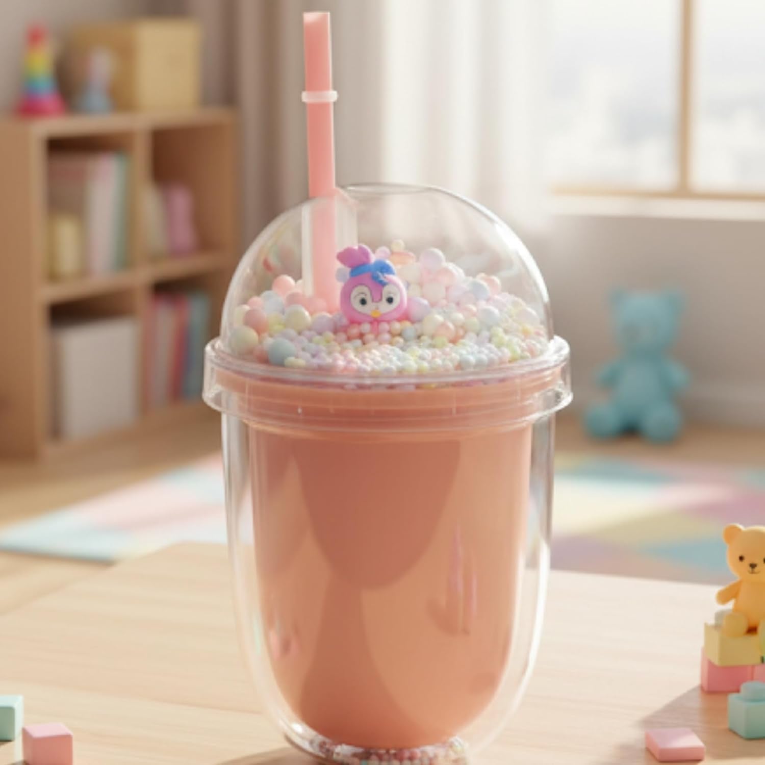 DailyAlley 300ml Pink Kids Sipper Bottle - A BPA-free, easy-grip plastic sipper with floating beads. Perfect for school and travel. Dailyalley