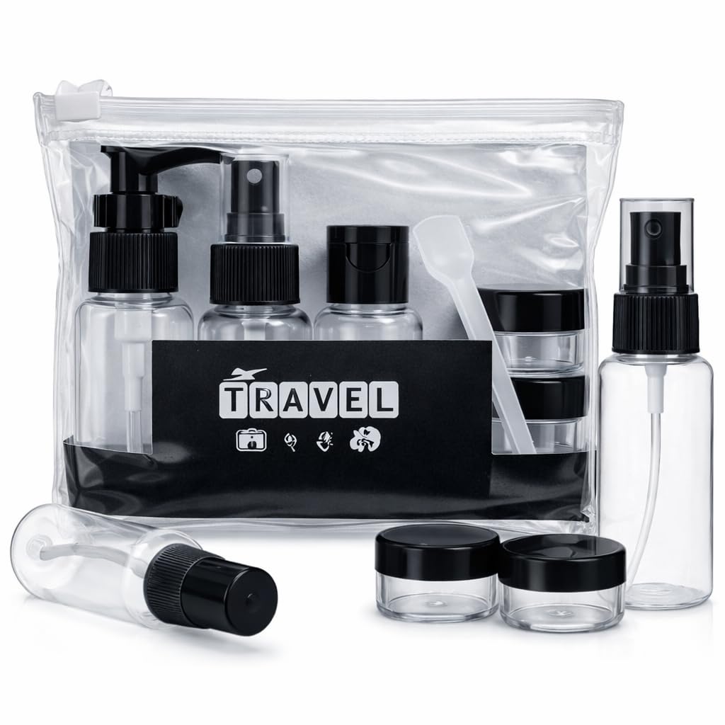 Travel Bottles for Toiletries with Pouch (6 Pcs) | Refillable Empty Toiletry Containers for Shampoo, Lotion, Creams, Perfume & Cosmetics | Portable Travel Kit (Black)