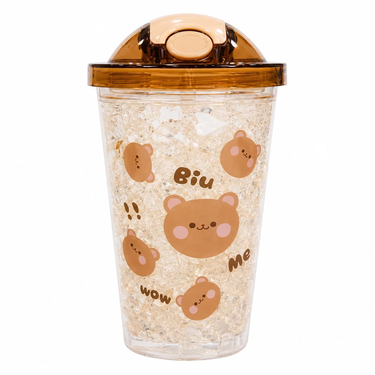 Cute Bear Tumbler for Kids & Girls 450ML - Leakproof Sipper Cup with Straw, Crystal Ice Textured Transparent Water Bottle with Flip Lid - Lightweight Freezer Safe Juice Coffee Cup (Yellow)