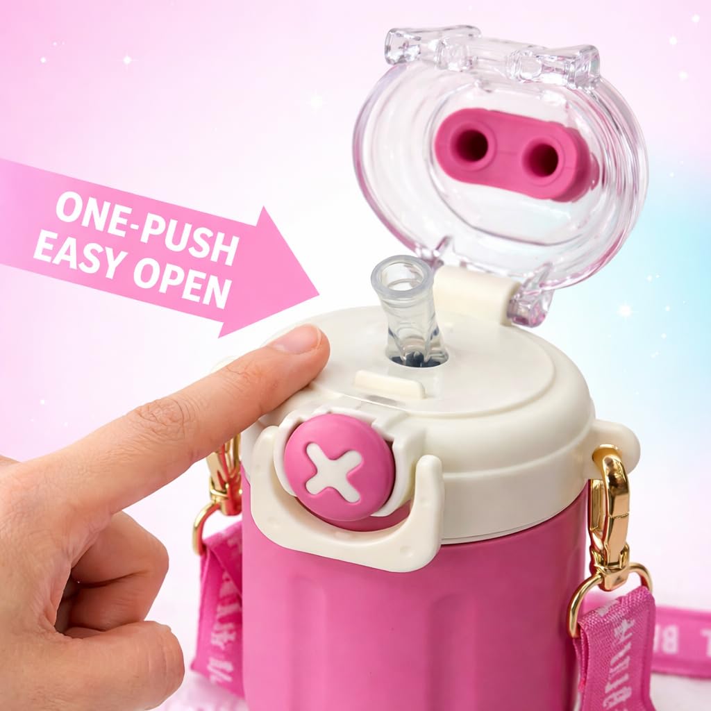 300 ml Kids Water Bottle with Stylish Carry Strap | Leakproof Lock Cap | Cute Cartoon Design | Portable Sipper for School & Travel (Pink)