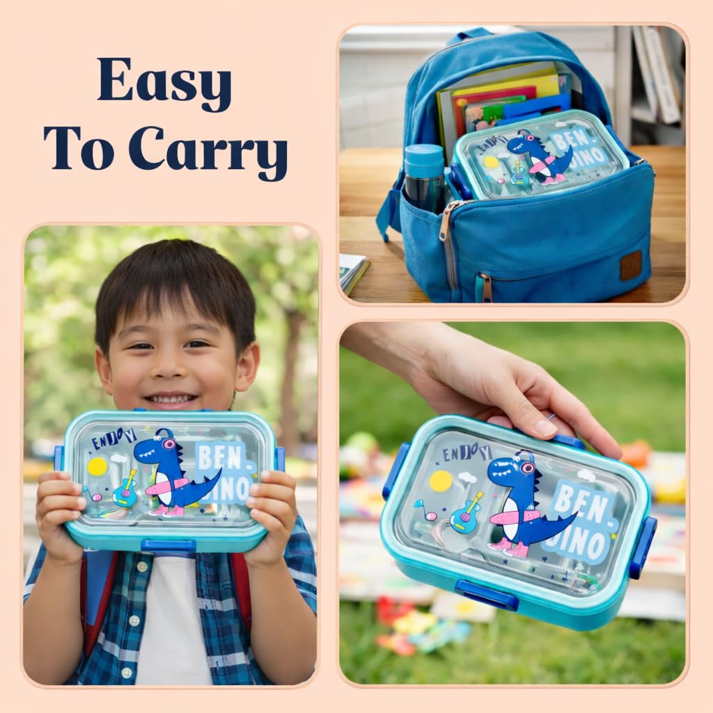 Lunch Box for Kids | Cute Tiffin Box for School | Stainless Steel Box with Leakproof Lid, Sauce Container & Spoon (Blue Dinosaur)