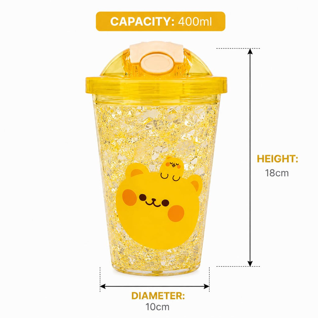Cute Bear Tumbler for Kids & Girls 450ML - Leakproof Sipper Cup with Straw, Crystal Ice Textured Transparent Water Bottle with Flip Lid - Lightweight Freezer Safe Juice Coffee Cup (Yellow)