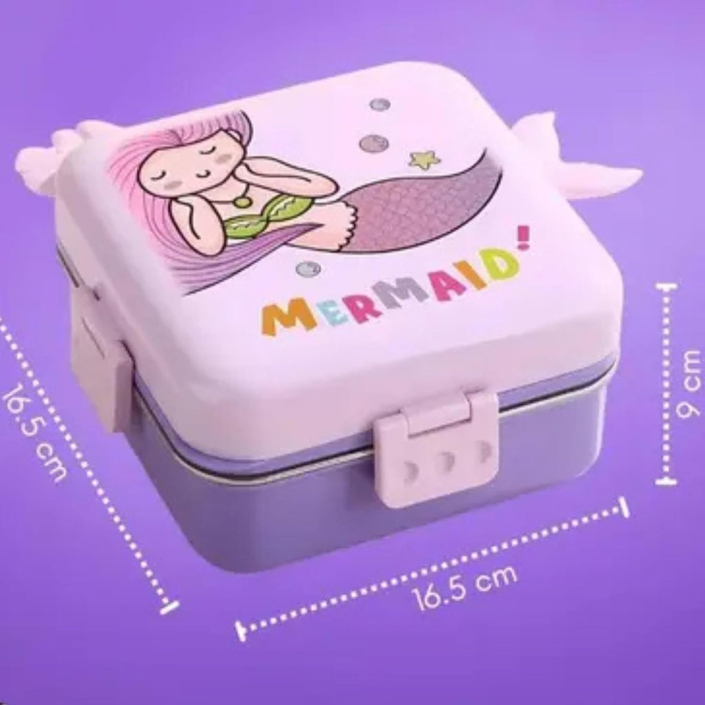 Mermaid Lunch Box for Kids Girls | Cute Tiffin Box for School Girls | 3 Compartment Stainless Steel Box with Leakproof Lid, Sauce Container & Spoon | Lunchbox for School & Picnic (Purple)