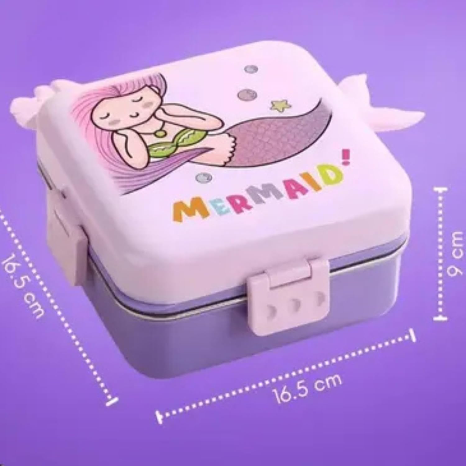 Mermaid Lunch Box for Kids Girls | Cute Tiffin Box for School Girls | 3 Compartment Stainless Steel Box with Leakproof Lid, Sauce Container & Spoon | Lunchbox for School & Picnic (Purple)