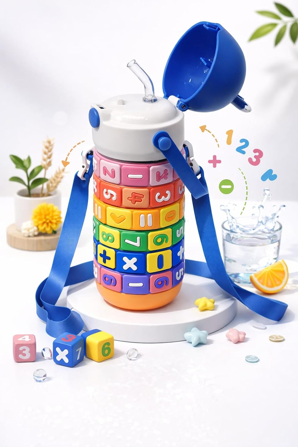 Math Learning Puzzle Water Bottle for School Kids 500ml – Stainless Steel Sipper with Straw & Adjustable Strap – Fun Educational Number Puzzle Drinking Bottle for Boys & Girls (Blue)