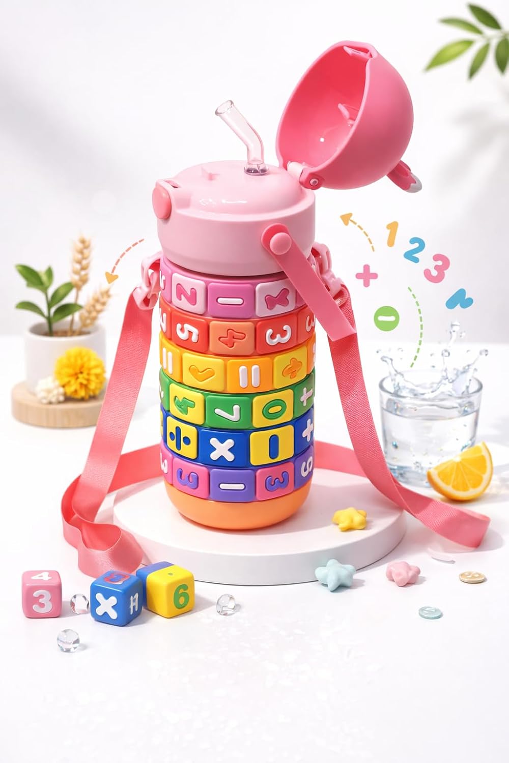 Math Learning Puzzle Water Bottle for School Kids 500ml – Stainless Steel Sipper with Straw & Adjustable Strap – Fun Educational Number Puzzle Drinking Bottle for Boys & Girls (Pink)