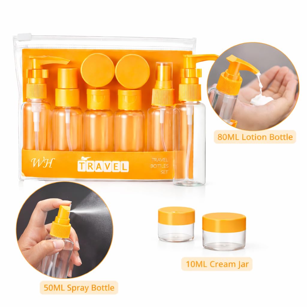 Travel Bottles for Toiletries with Pouch (7 Pcs) | Refillable Toiletry Containers for Shampoo, Lotion, Creams, Perfume & Cosmetics | Portable Travel Kit (Orange)