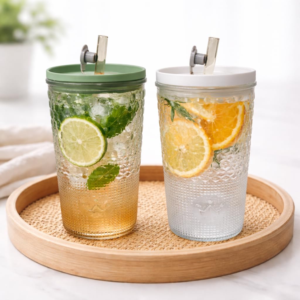 Glass Sipper Set of 2 with Lid & Straw (400ml Each)
