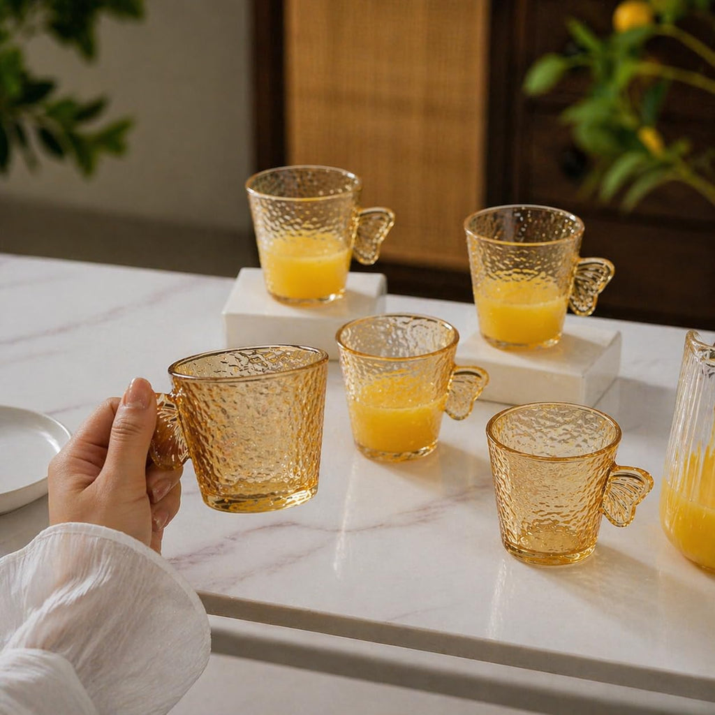 DailyAlley Butterfly Handle Glass Mugs (Set of 6) | Elegant Amber Textured Cups for Coffee & Tea | Whimsical Wing Handle Mugs (120ml)