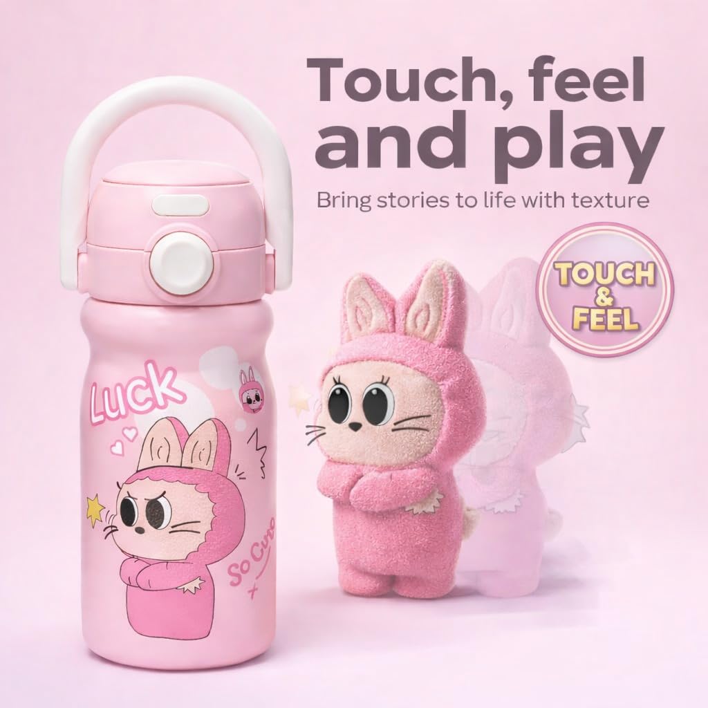 Cute cartoon printed water bottle with handle. 520 ml capacity, lightweight and easy to carry. Perfect for kids, school, travel and daily use. (Pink)