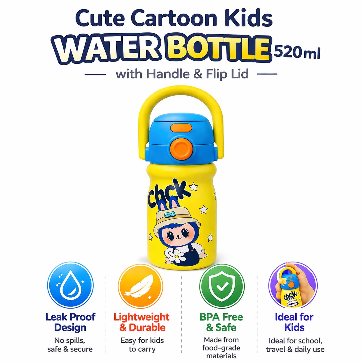 Cute cartoon printed water bottle with handle. 520 ml capacity, lightweight and easy to carry. Perfect for kids, school, travel and daily use. (Yellow)