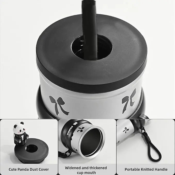 White cup with black lid and straw, featuring a panda design and text on a white background.