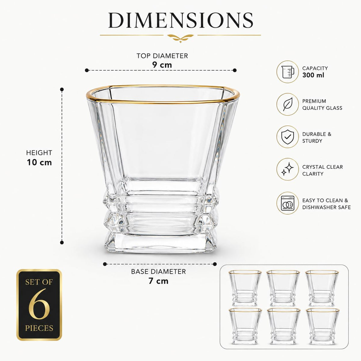 Premium Whisky Glass Set of 6 | 300ml Heavy Base Crystal Clear Glasses with Golden Rim | Elegant Square Design Glasses for Whisky, Scotch, Cocktails & Bar Use