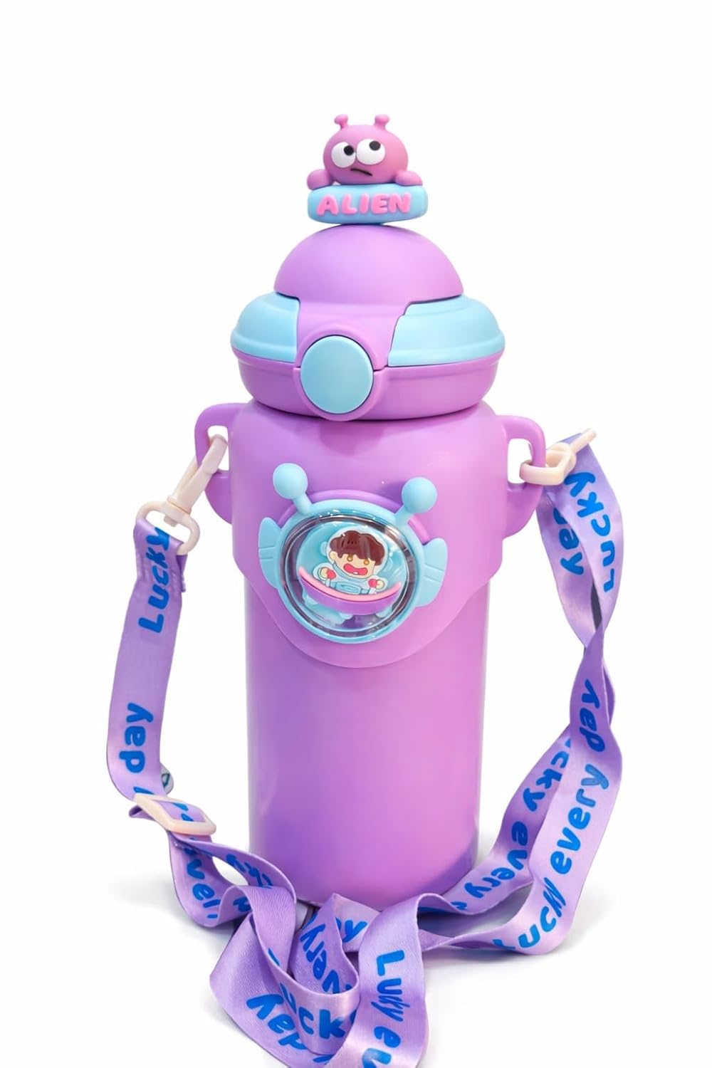Purple water bottle with a character design and strap on a white background