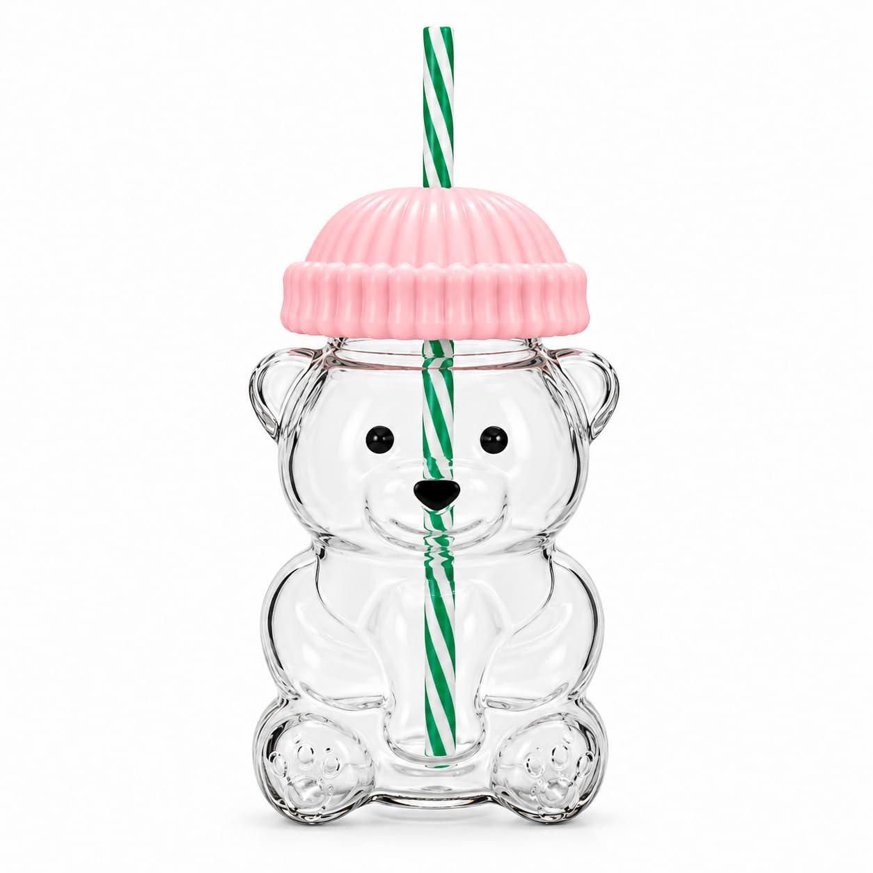 Bear Shaped Glass Cup with Straw & Lid