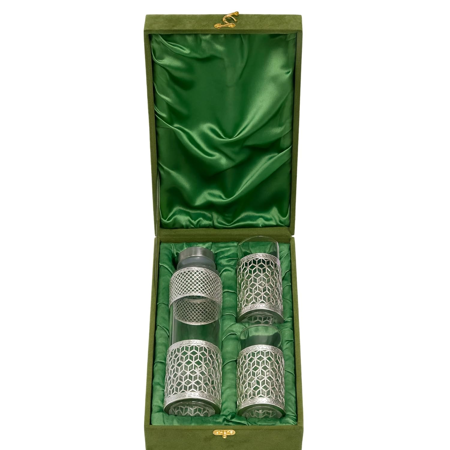 Premium German Silver Glass Bottle Set with 1 Litre Bottle & 2 Glasses (300ml Each) - Comes with Green Velvet Gift Box