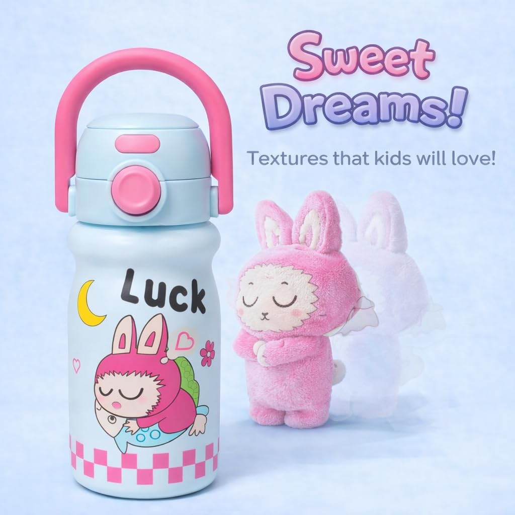 Children's water bottle with pink handle and cartoon character, accompanied by a plush toy on a light blue background.