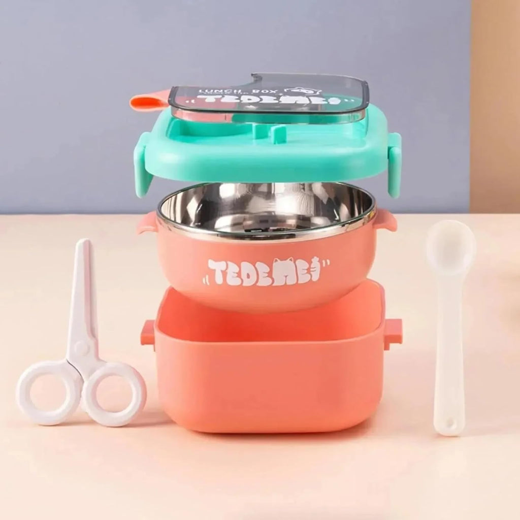 Lunch Box for Kids | Cute Tiffin Box for School | Stainless Steel Box with Leakproof Lid, Sauce Container & Spoon (Pink Round)