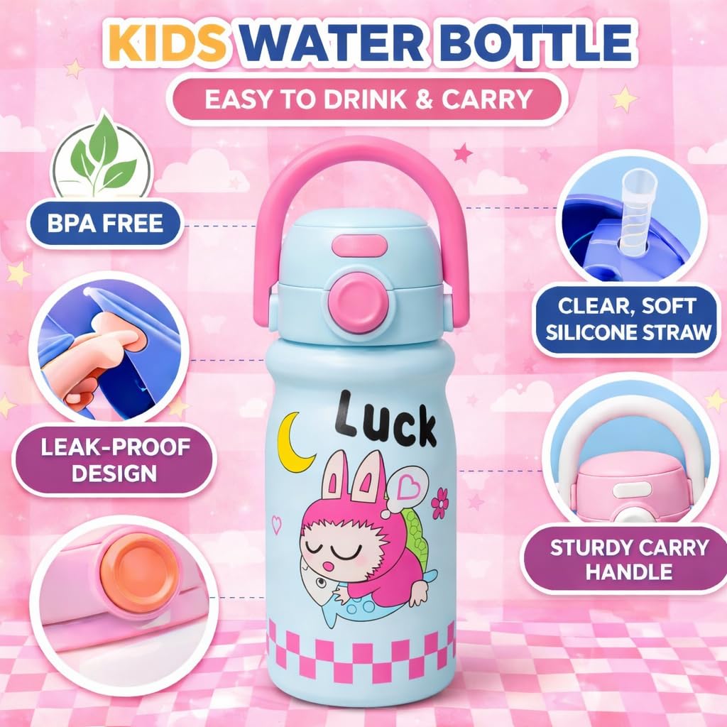 Cute cartoon printed water bottle with handle. 520 ml capacity, lightweight and easy to carry. Perfect for kids, school, travel and daily use. (Blue)