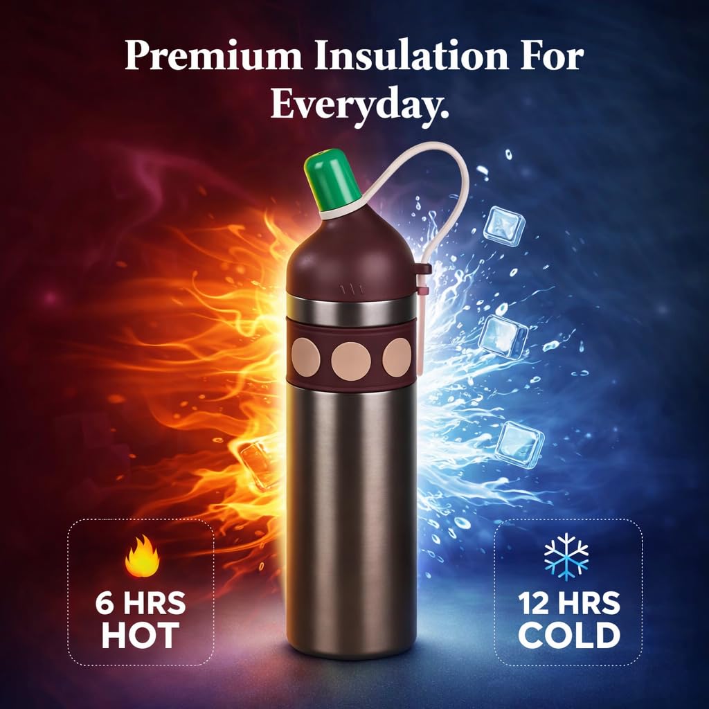 Stainless Steel Thermal Water Bottle 750ml – Double Wall Vacuum Insulated, Leak-Proof, Portable Strap Design for Travel, Office & Outdoor use (Brown)