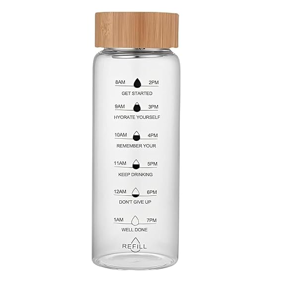 Clear glass water bottle with bamboo cap and time markings on a white background