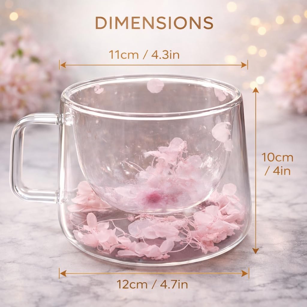 Floral Glass Cup (Pack of 2) | Premium Transparent Double Wall Mug with Flowers (Baby Pink)
