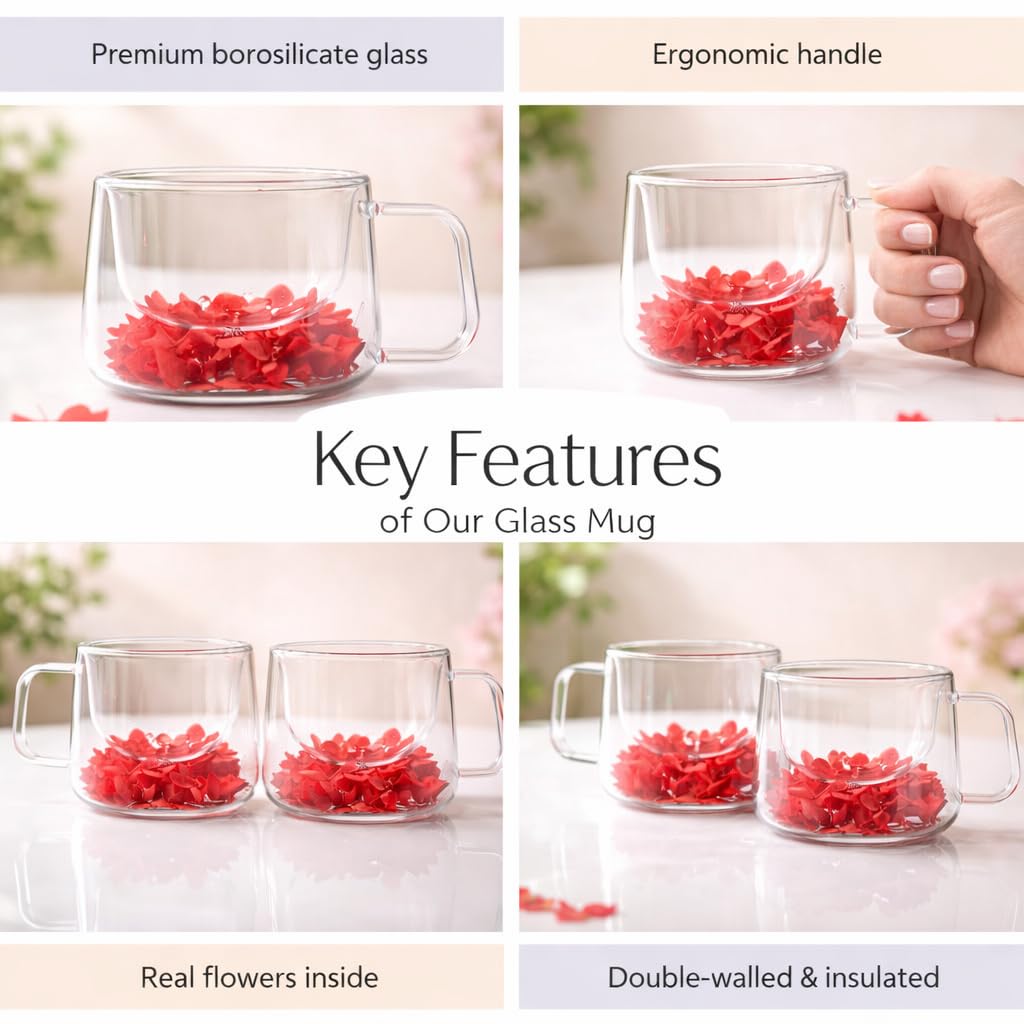 Glass mug with red flowers, highlighting key features like borosilicate glass, ergonomic handle, real flowers inside, and double-walled insulation.