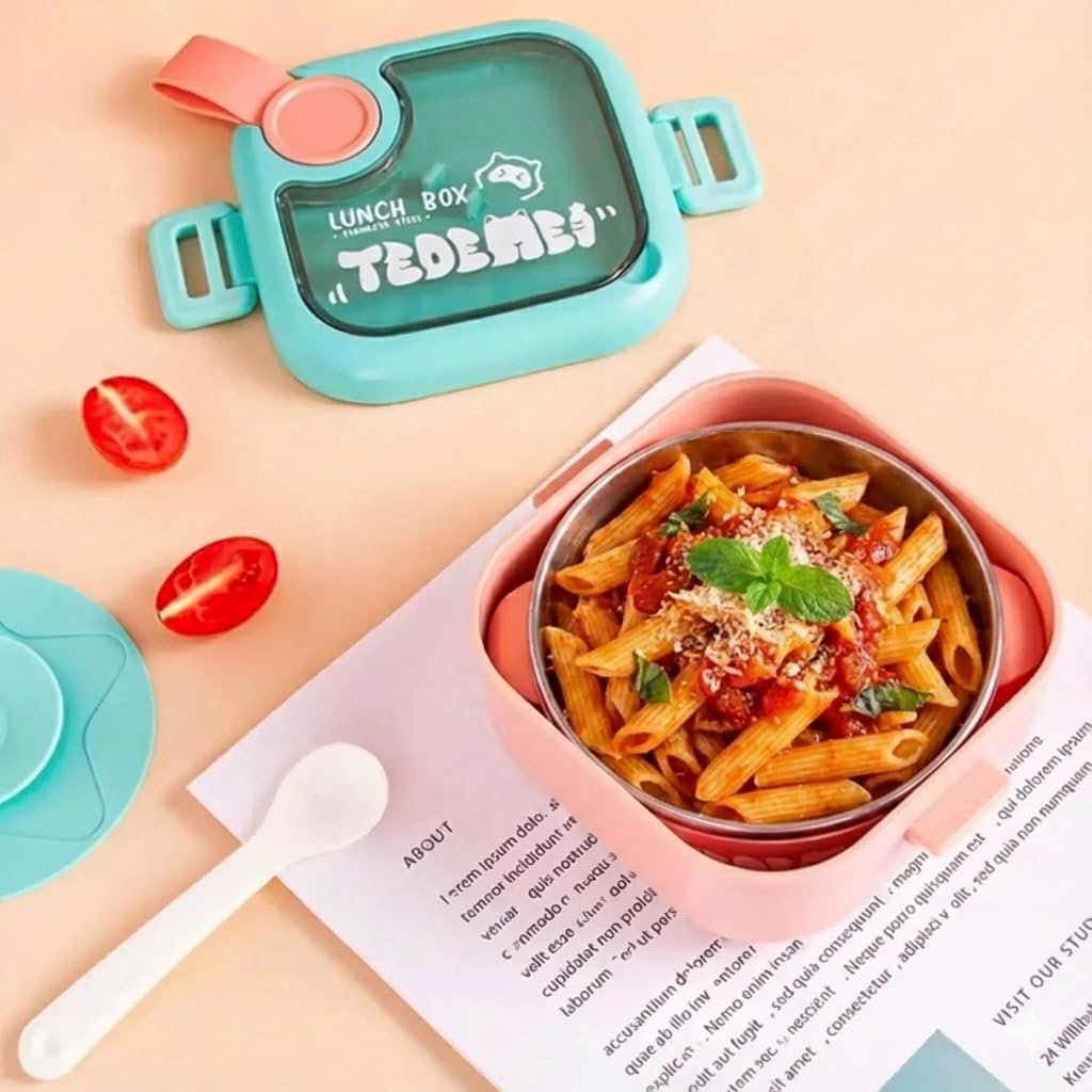 Lunch Box for Kids | Cute Tiffin Box for School | Stainless Steel Box with Leakproof Lid, Sauce Container & Spoon (Pink Round)