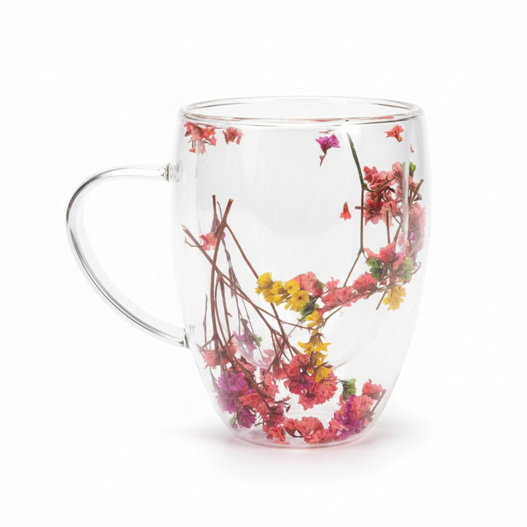 Dried Flower Double Wall Glass Mugs (Set of 2) | 350ml Heart-Shaped Borosilicate Insulated Cups | Unique Floating Tea/Coffee Gift for Women Dailyalley