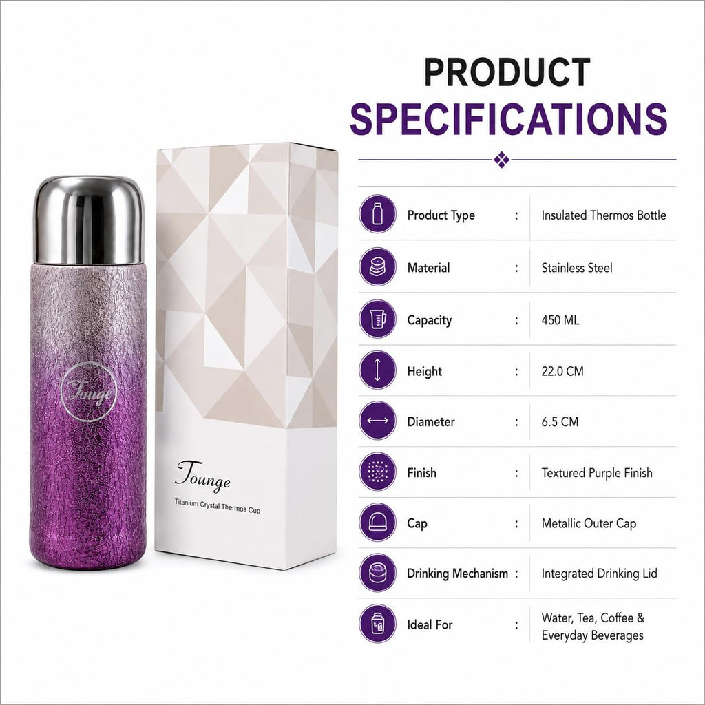Stainless Steel Water Bottle Crystal Thermos Flask Titanium Coating, Purple, 450 ml Textured Exterior, Metallic Protective Cap, Integrated Drinking Lid