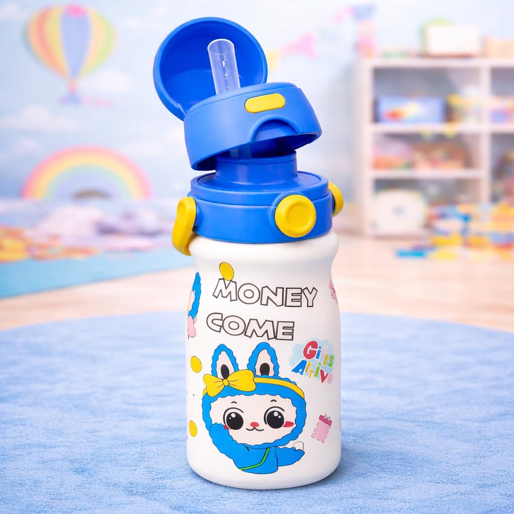 Cute cartoon printed water bottle with handle. 520 ml capacity, lightweight and easy to carry. Perfect for kids, school, travel and daily use. (White)