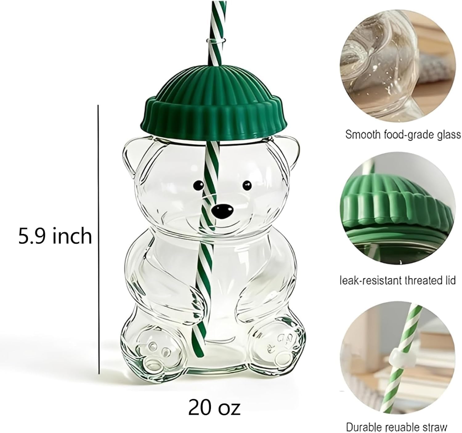 Bear Shaped Glass Cup with Straw & Lid
