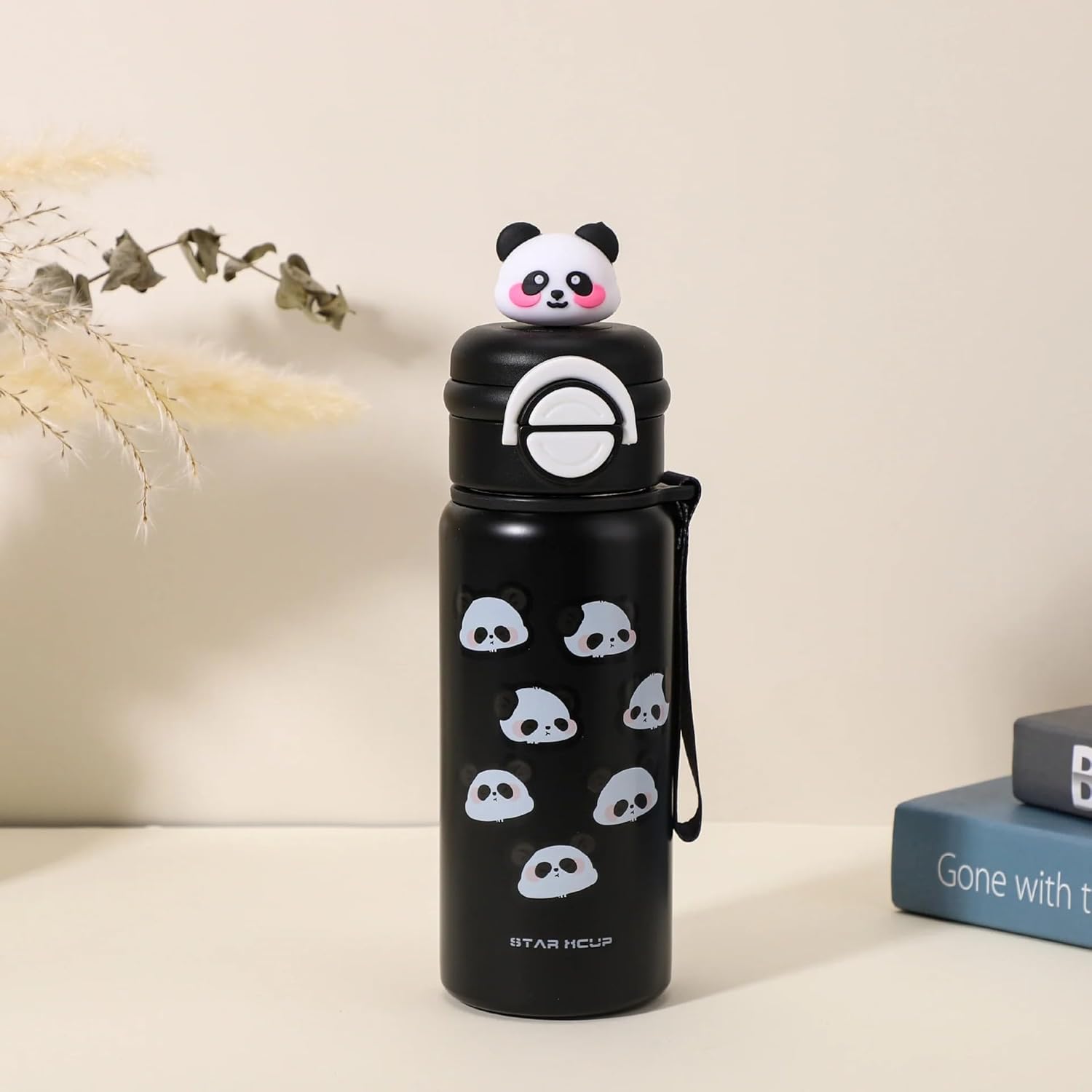 DailyAlley Black Panda Water Bottle - A stainless steel thermos for kids, featuring a cute panda design. Perfect for keeping drinks hot or cold.