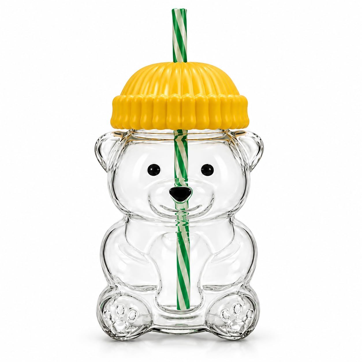 Bear Shaped Glass Cup with Straw & Lid