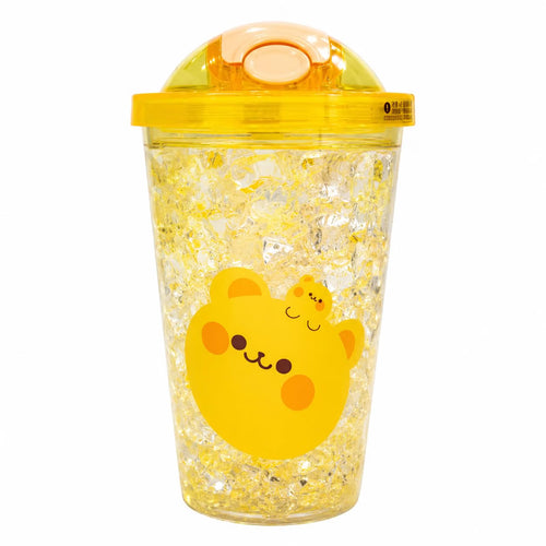 Cute Bear Tumbler for Kids & Girls 450ML - Leakproof Sipper Cup with Straw, Crystal Ice Textured Transparent Water Bottle with Flip Lid - Lightweight Freezer Safe Juice Coffee Cup (Yellow)